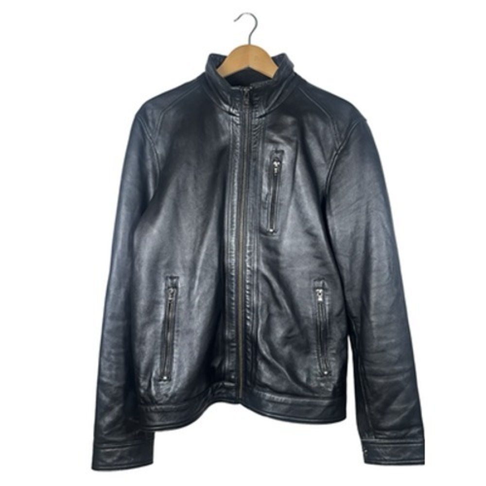Michael Kors Leather Jacket Mens Medium Black Moto Full Zip Zipper Pockets